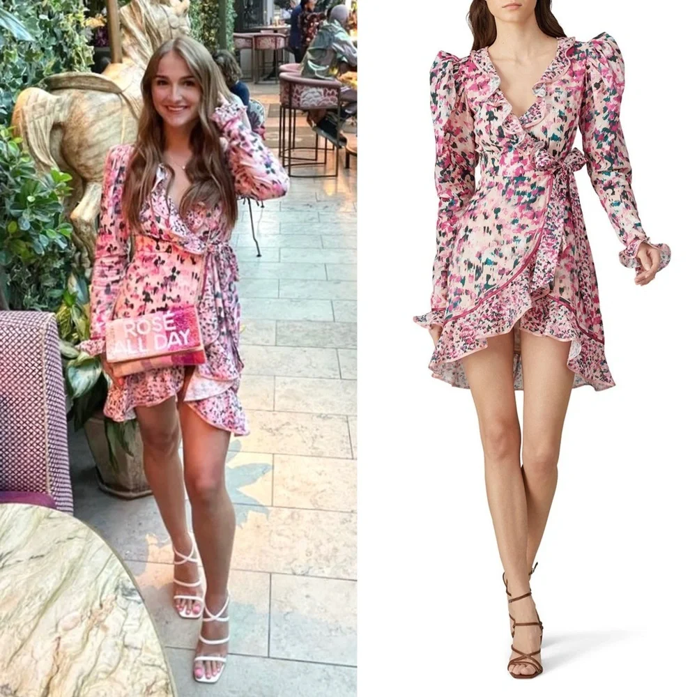 ROCOCO SAND Impressionist Floral Print Puff Long Sleeve Ruffle Wrap Mini Dress M